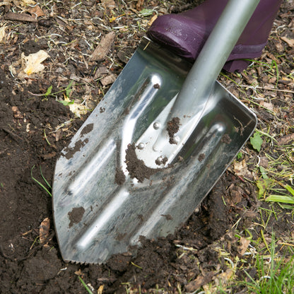 A close-up of a metal garden shovel with dark soil on the blade, being used in loose earth outdoors. Part of a purple boot is visible at the top right.