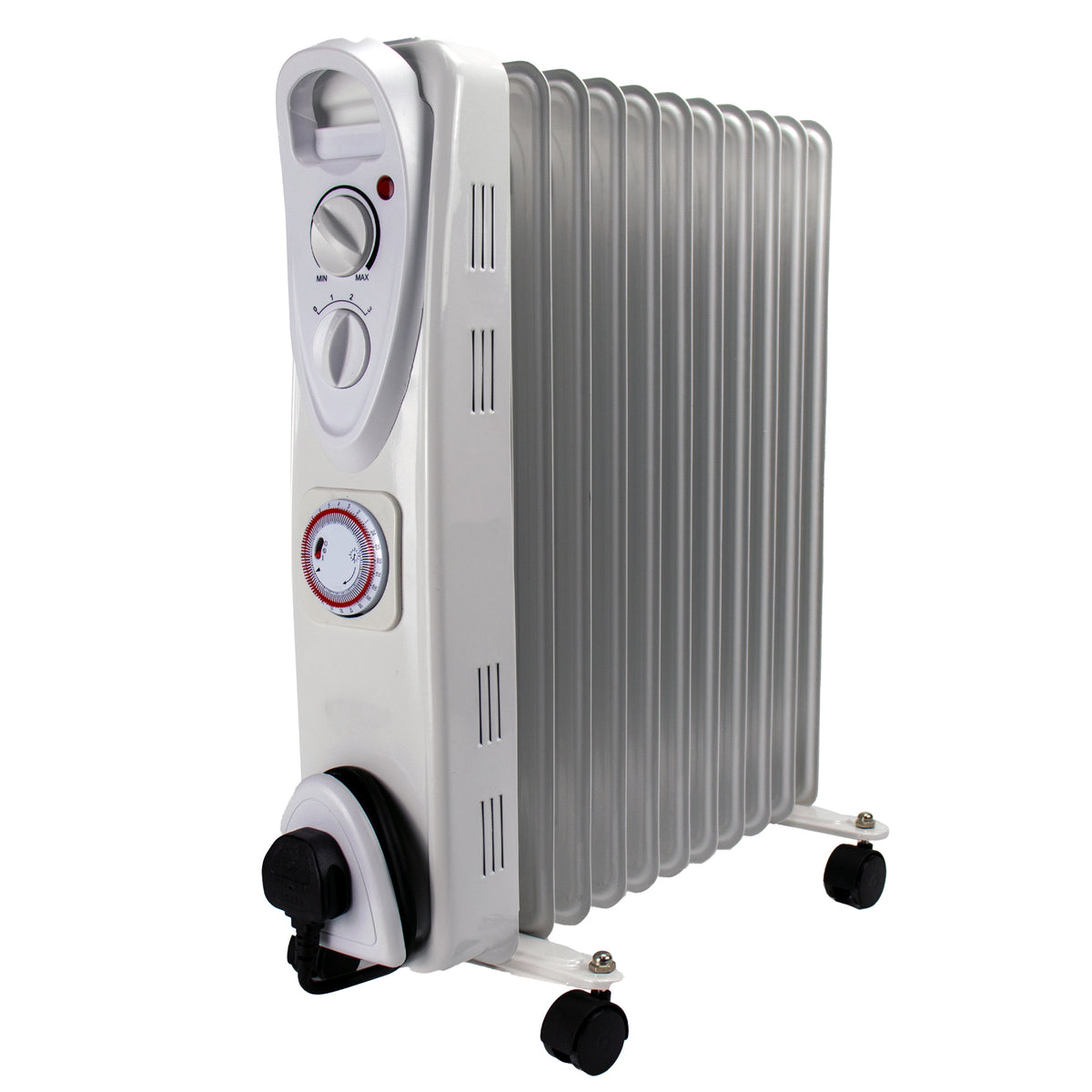 A 11 fin electric oil radiator heater with a white plastic control panel and silver metal fins, mounted on white wheels with black casters.