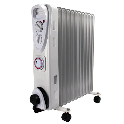A 11 fin electric oil radiator heater with a white plastic control panel and silver metal fins, mounted on white wheels with black casters.