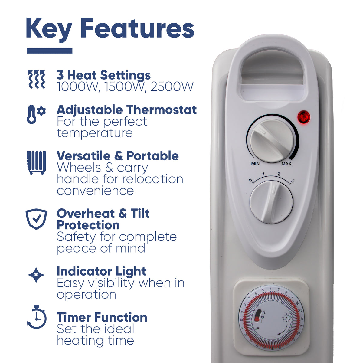 A white electric heater control panel shown next to a 'Key Features' text list highlighting its adjustable thermostat, heat settings, wheels, and timer function.