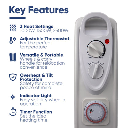 A white electric heater control panel shown next to a 'Key Features' text list highlighting its adjustable thermostat, heat settings, wheels, and timer function.